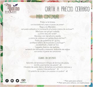 CARTA A PRECIO CERRADO en el MOLINO DE SAN LÁZARO por 25 euros (hasta finales de diciembre)