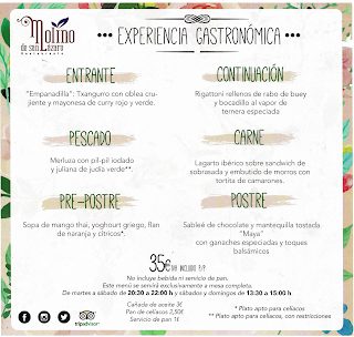 Menú EXPERIENCIA GASTRONÓMICA en el MOLINO DE SAN LÁZARO por 35 euros (hasta finales de diciembre)