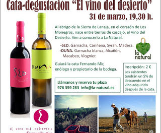 Cata de vinos de Los Monegros en LA NATURAL (viernes, 31)