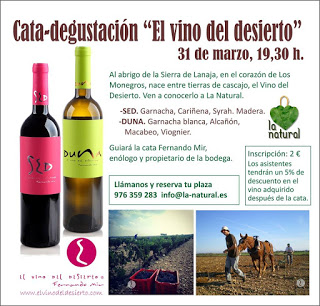 Cata de vinos de Los Monegros en LA NATURAL (viernes, 31)