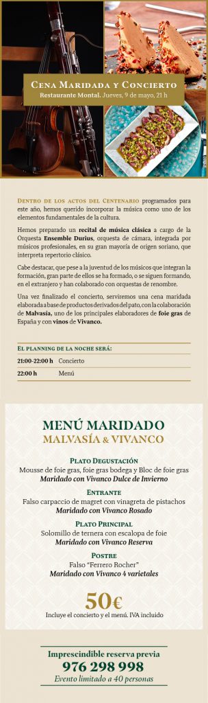 Información y menú - Cena maridada y concierto en Montal