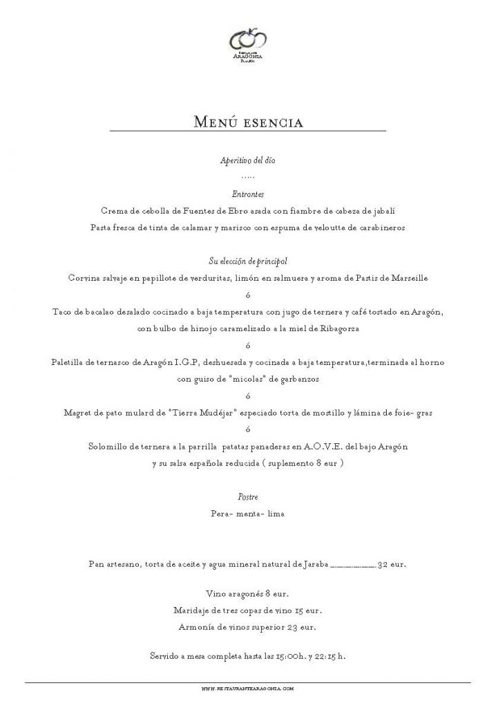 Menú Esencia Restaurante Aragonia sept 2019