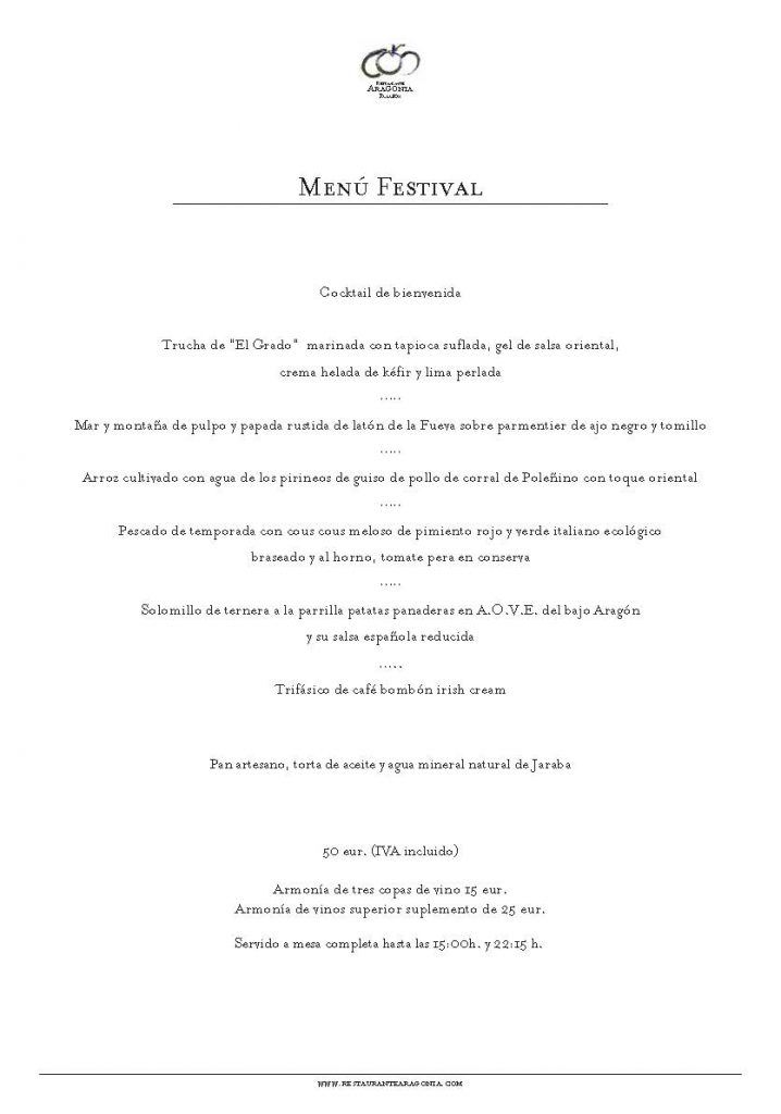 Menú Festival Restaurante Aragonia SEPT 2019