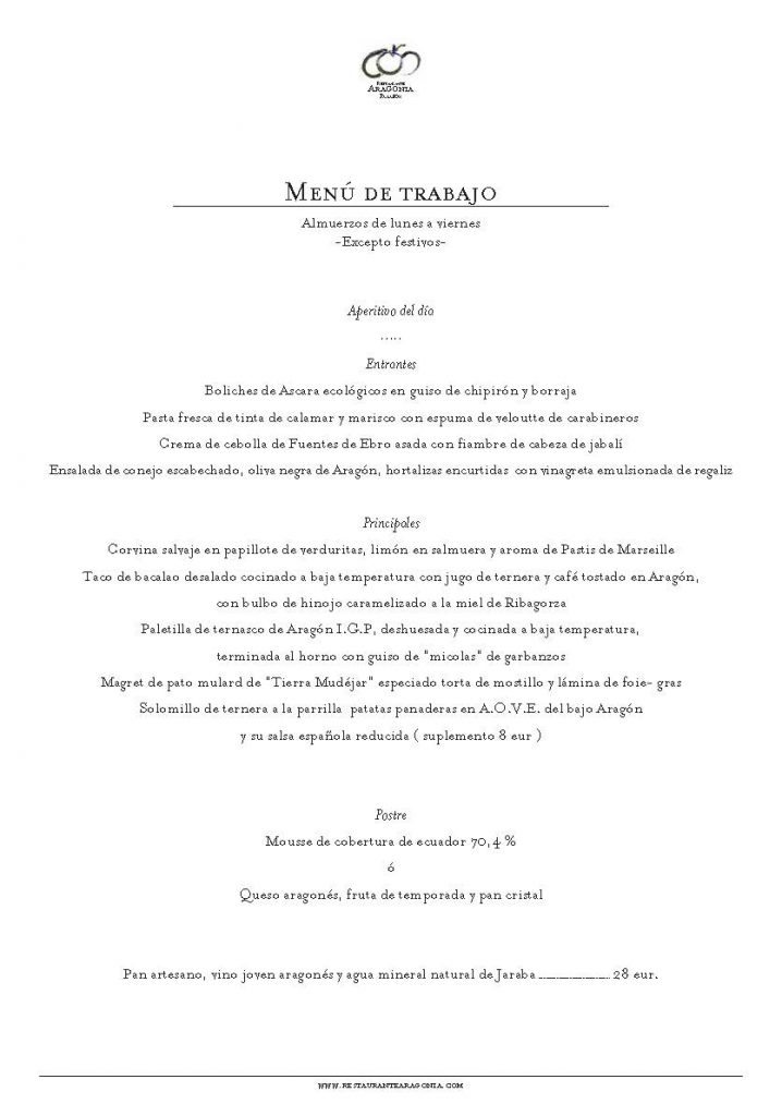 Menú de Trabajo Restaurante Aragonia sept 2019