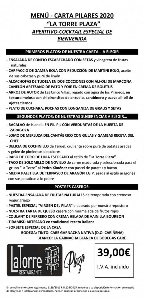 Menu Pilar La Torre Plaza 2020