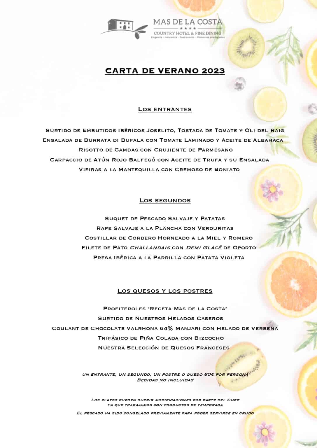 VALDERROBRES. Carta de verano en HOTEL MAS DE LA COSTA