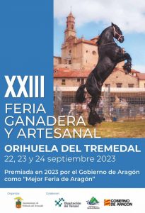 Domingo, 24 de Septiembre 10:00h Apertura del Recinto Ferial y Feria de Ganado 10:00h Concentración de vehículos antiguos, Plaza del Ayuntamiento 10:00h Pasacalles con los Dulzaineros de Sigüenza 11:00h Charla y exhibición de formas de carga que se utilizaban en la Sierra de Albarracín con las caballerías, a cargo de Rober Belda de Torres de Albarracín. Durante toda la mañana exhibición de mulares tanto aparejados como enganchados por el Recinto ferial 11:00h Paseos en carro de caballos para todo el público. Paseos en caballos para niños 11:00 a 14:00h Paseos en burritos para todo el público, en el Recinto Ferial 12:00h Espectáculo ecuestre a cargo de la Dehesa Monte Andrés en el Recinto Ferial 12:30h Subasta de Ganado Ovino: Rasa aragonesa y Ojinegra de Teruel. Salón de actos del Hogar del Jubilado 13:00h Desfile de mulos y mulas por las calles del pueblo, a cargo de los Carreros Virgen de las Viñas, Grupo "Gent de Machos" y Rober Belda 14:30h Comida con los participantes en el garaje municipal 19:00h Clausura de la XXII Feria Ganadera y desmontaje de los Stands